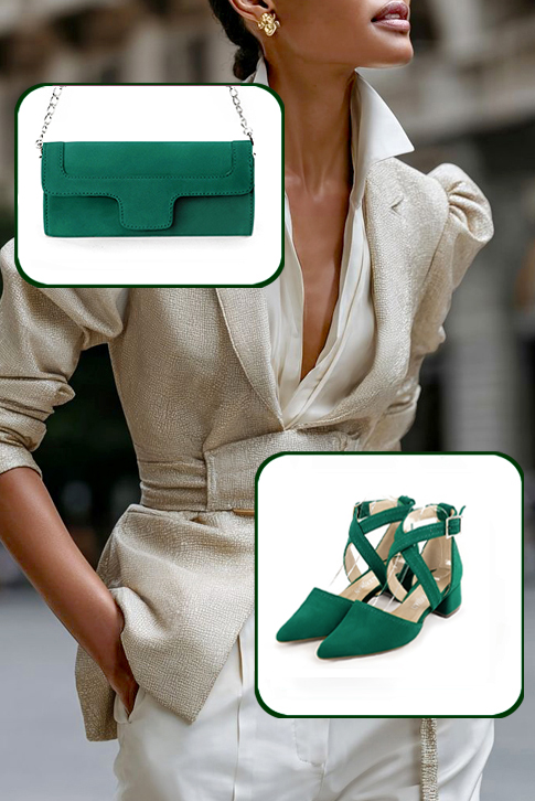 Dress heels closed-back crossed straps in emerald green leather with low flare heels and tapered toe - Worn view
